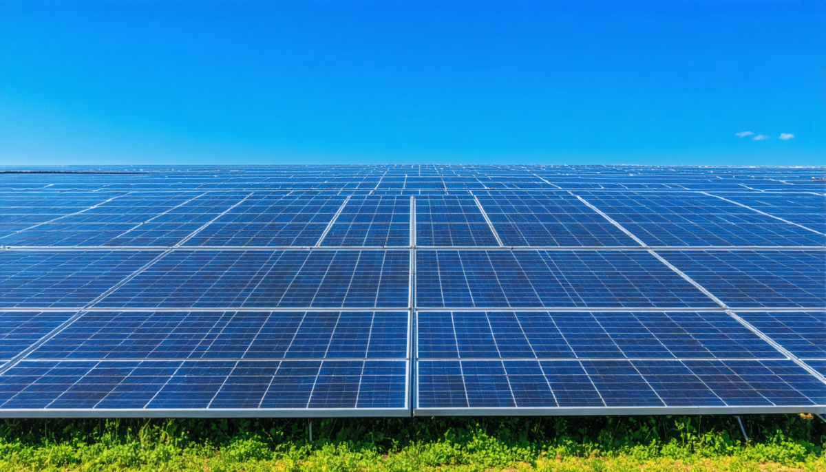 plongez au cœur de l'été et explorez l'énergie renouvelable avec un parc photovoltaïque vibrant d'activité sous le soleil estival.