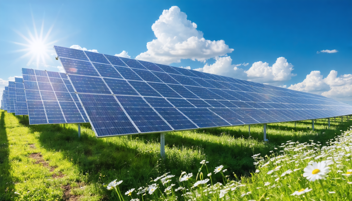 plongez au cœur de l'énergie solaire avec notre parc photovoltaïque vibrant sous le soleil d'été, une source d'énergie propre et durable en pleine activité estivale.